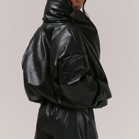 Black Casual Women's Thick Padded Faux Leather Puffer Coat - Picture 2 of 5